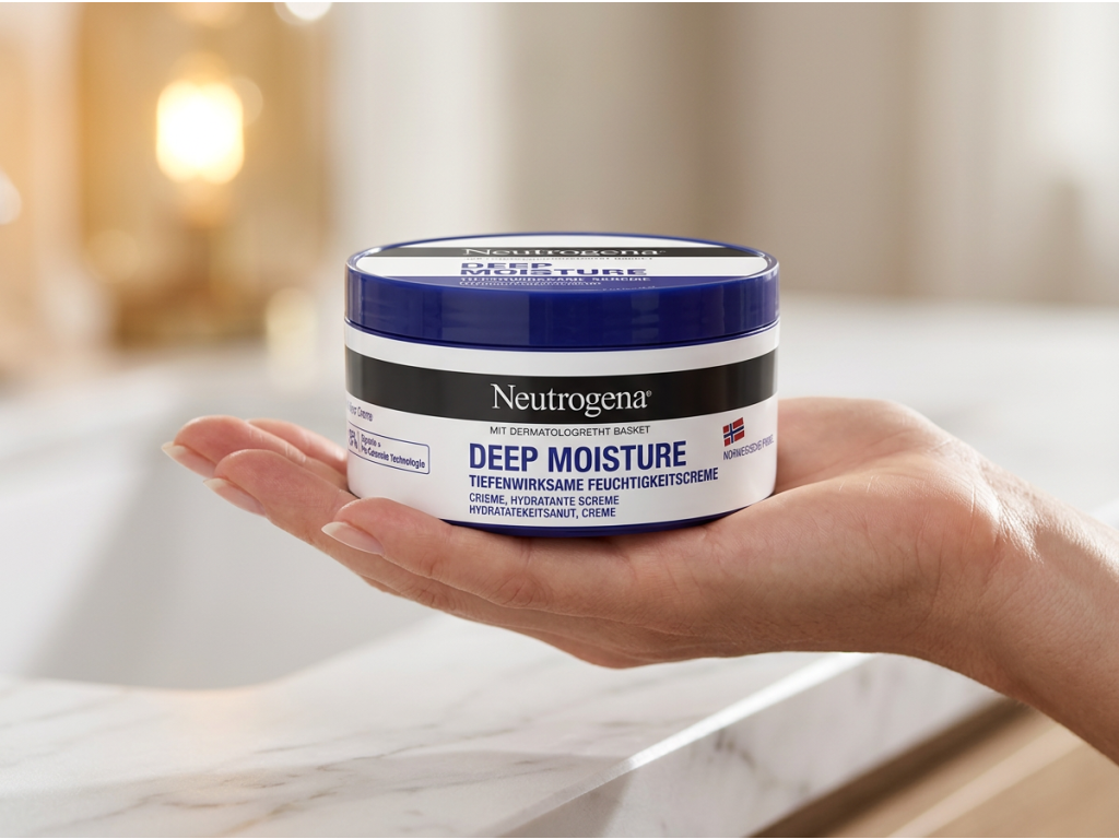 Neutrogena Deep Moisture hydratační krém 200 ml držený v ruce